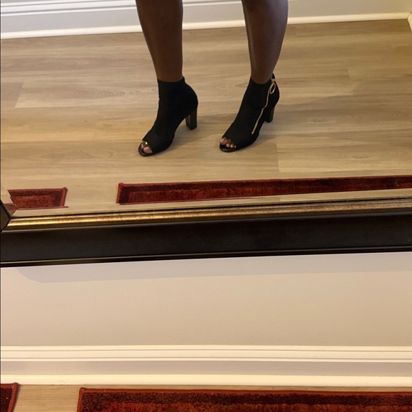 bebe Black Heeled Peep-Toe Boots with Gold Zipper - Picture 6 of 8